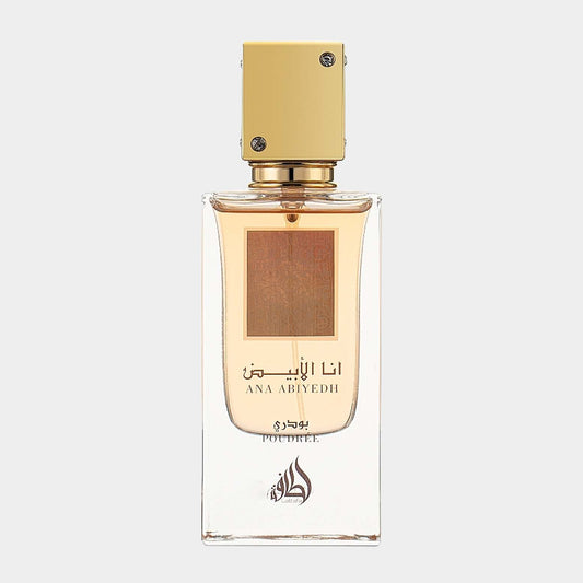 Sample van Lattafa Ana Abiyedh Poudrée, een elegante parfum met een stijlvolle gouden dop en een verfijnd ontwerp.