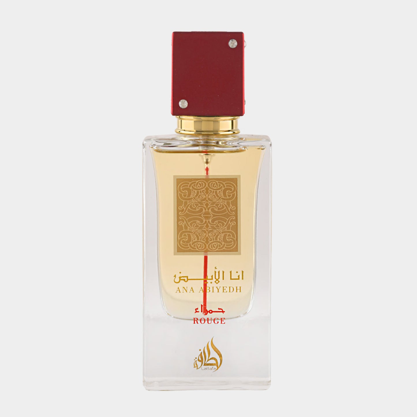 Sample van Lattafa Perfumes Ana Abiyedh Rouge, gepresenteerd in een elegant glazen flesje met een rode dop en een goudkleurig label.