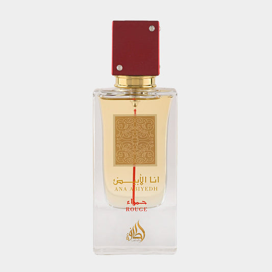 Lattafa Perfumes Ana Abiyedh Rouge, een elegante parfumfles met een gouden vloeistof en een rode dop, perfect voor een luxe geurervaring.