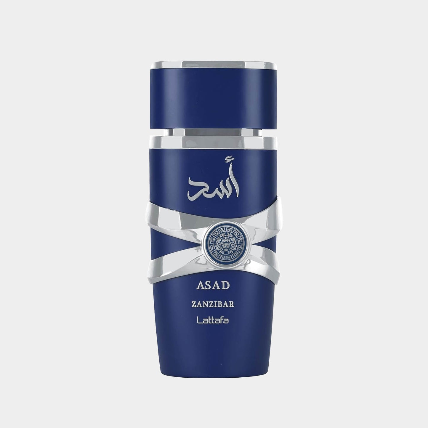 Lattafa Asad Zanzibar volledige fles, elegant ontworpen in een diepblauwe kleur met een metalen accent en een sierlijke naam op de voorkant.
