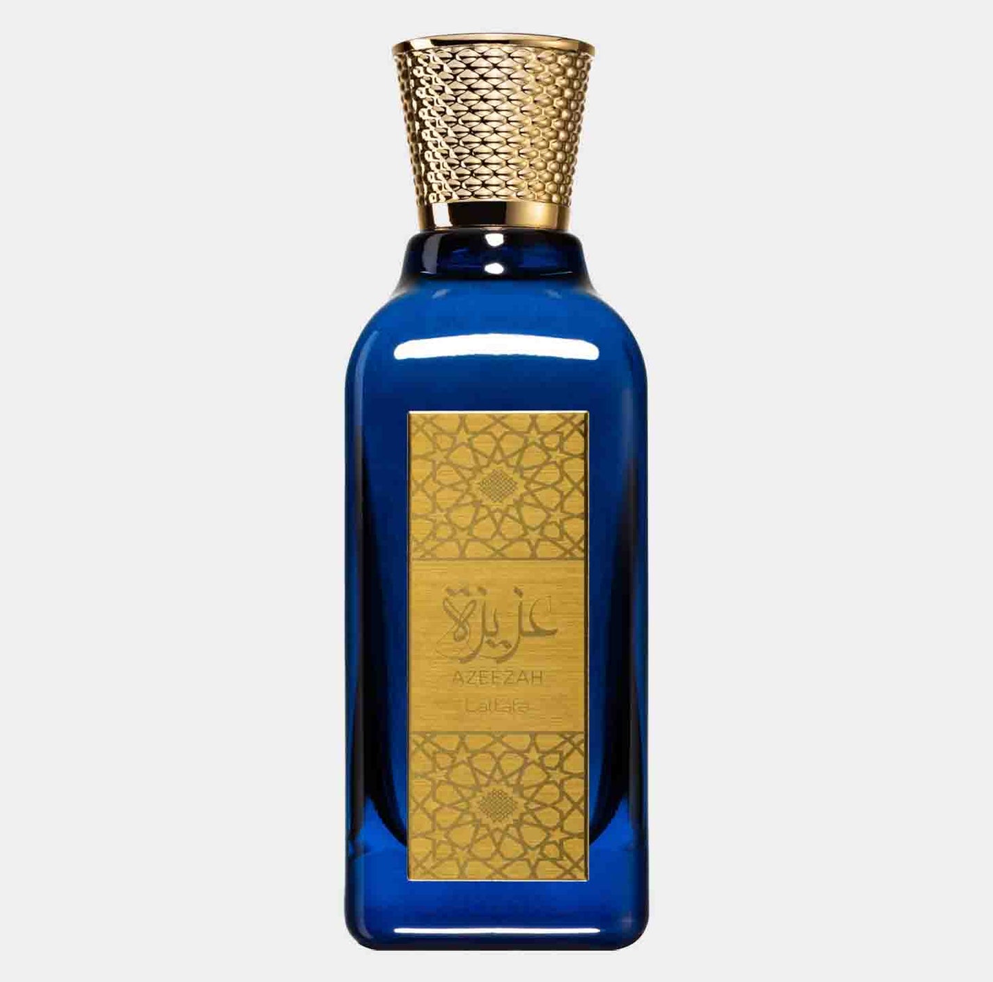 Lattafa Perfumes Azeezah Sample - Een elegant glazen flesje met een blauwe kleur en een gouden dop, versierd met een gouden label met Arabische inscripties.