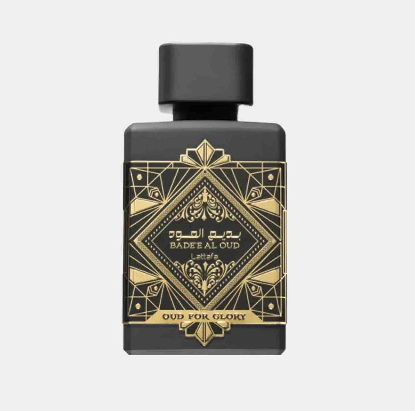 Sample van Lattafa Perfumes Oud for Glory, verpakt in een elegant zwart flesje met gouden details en een decoratief etiket.