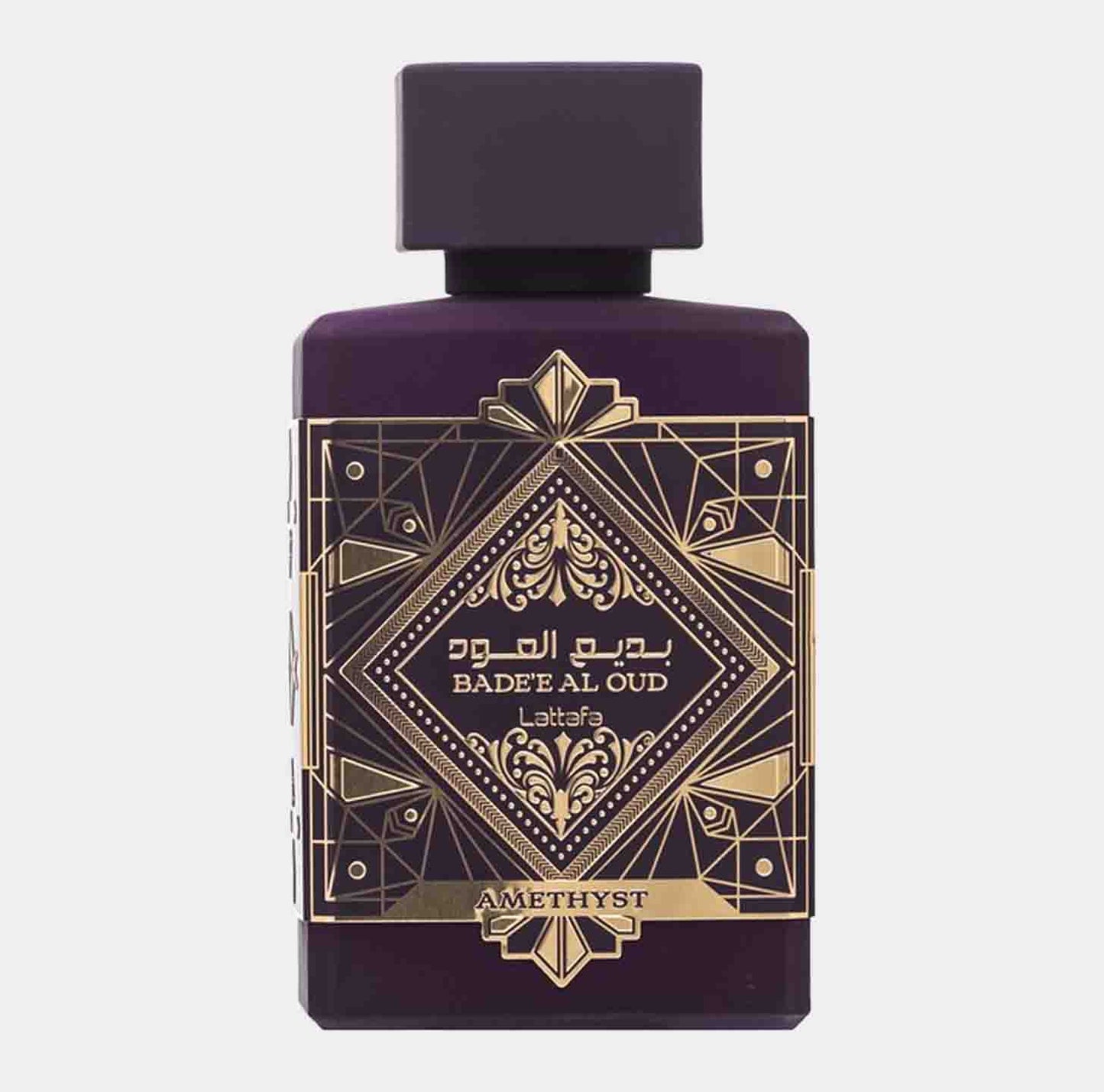 Lattafa Perfumes Amethyst Sample, een elegante paarse flacon met een opvallend geometrisch design en gouden accenten.