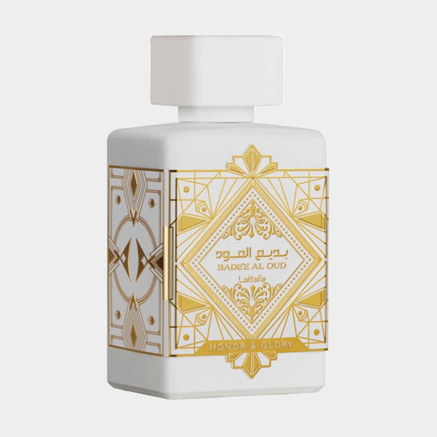 Sample van Lattafa Badee Al Oud Honor and Glory, gepresenteerd in een elegant wit en gouden flesontwerp met complexe versieringen.