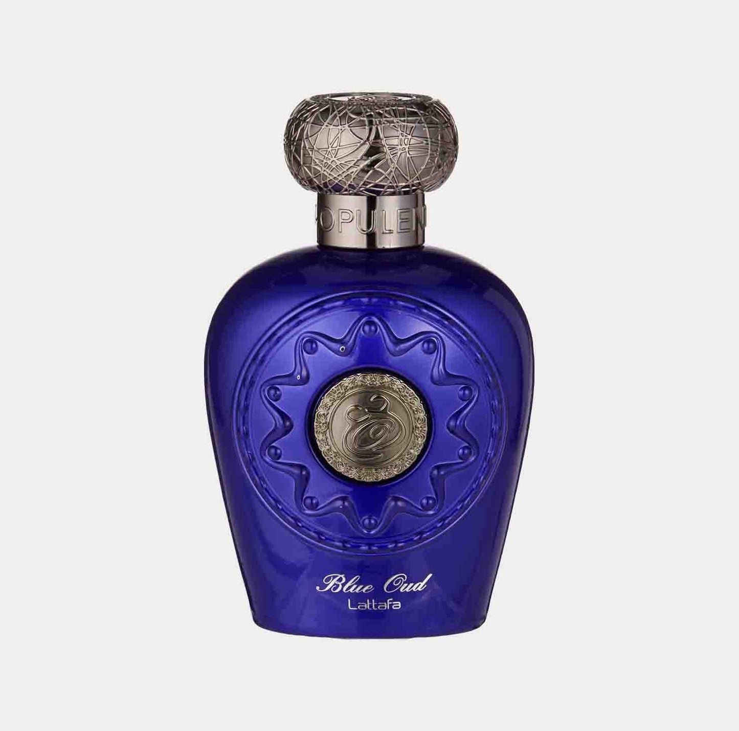 Lattafa Perfumes Opulent Blue Oud Sample in an elegant blue bottle with a decorative silver cap, showcasing a luxurious fragrance.