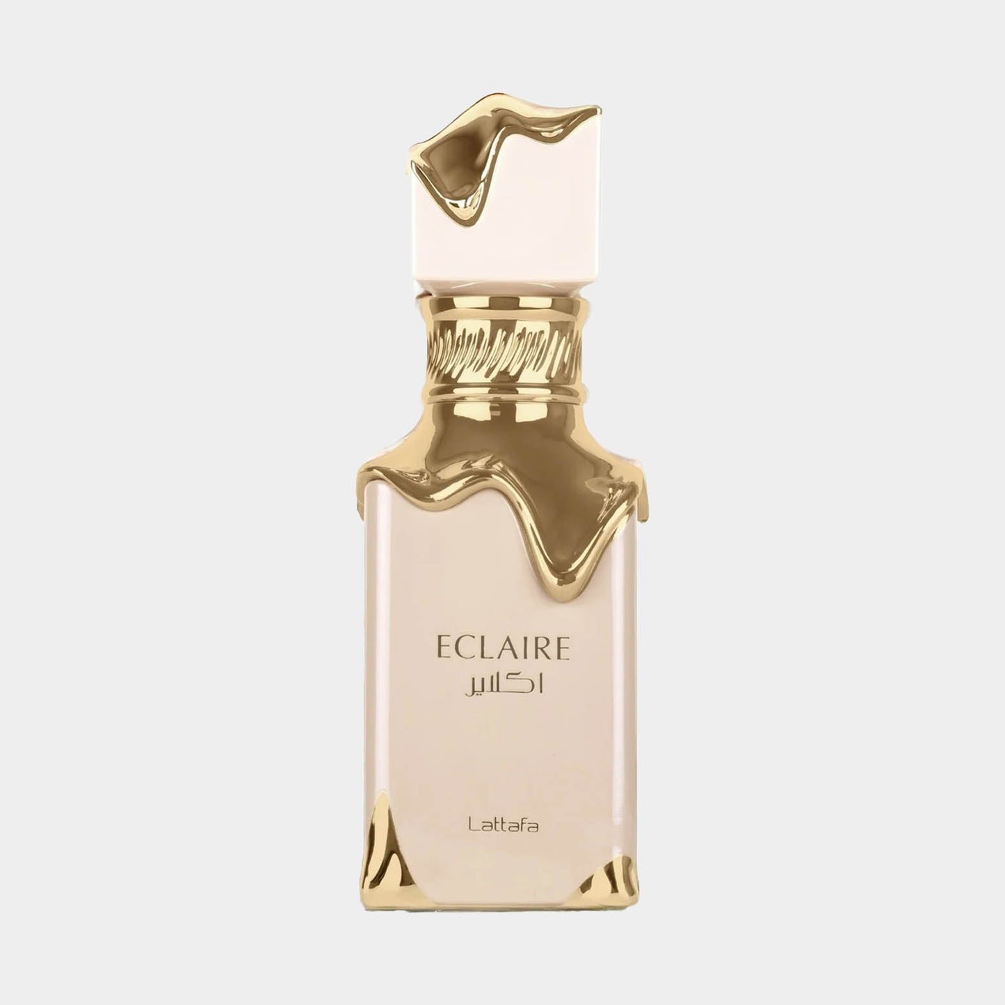 Lattafa Eclaire Sample, een verfijnd parfum in een elegante fles met een gouden, vloeibare waxachtige afwerking.