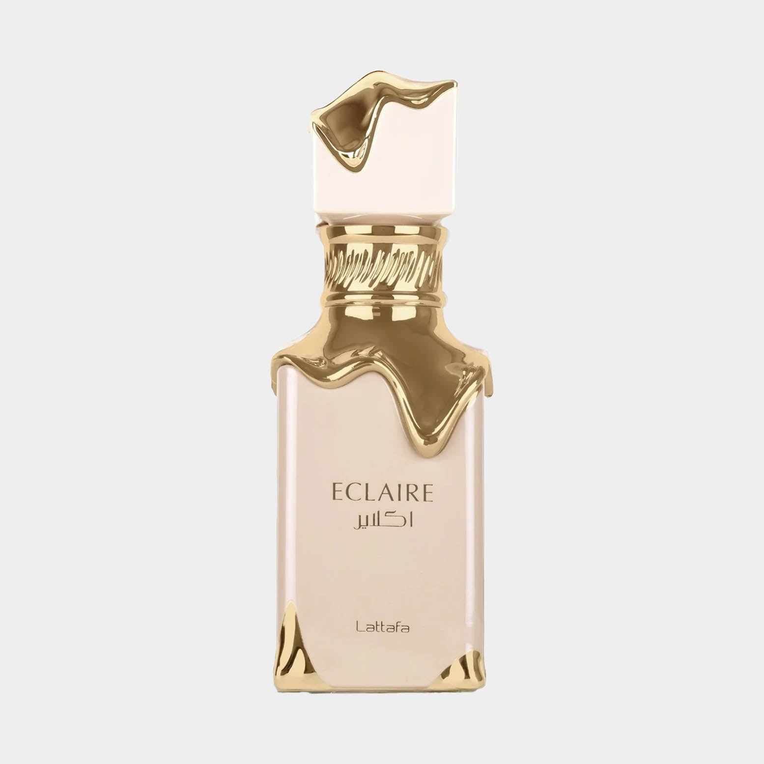 Lattafa Eclaire Sample, een verfijnd parfum in een elegante fles met een gouden, vloeibare waxachtige afwerking.