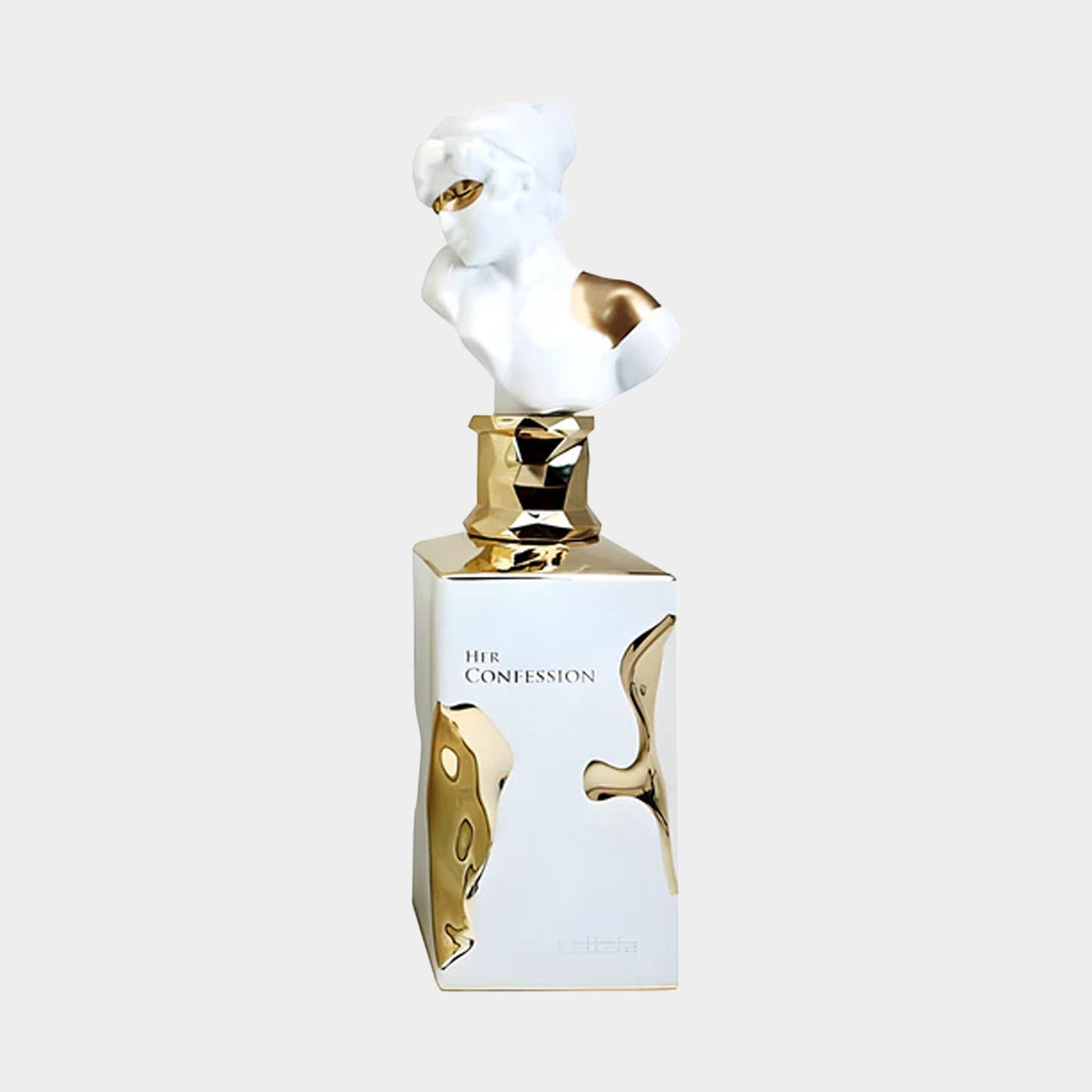 Een stijlvolle sample van Lattafa Her Confession, gepresenteerd in een luxe fles met een gouden en wit ontwerp, inclusief een sculpturale bust. Perfect voor liefhebbers van unieke parfumverpakkingen.