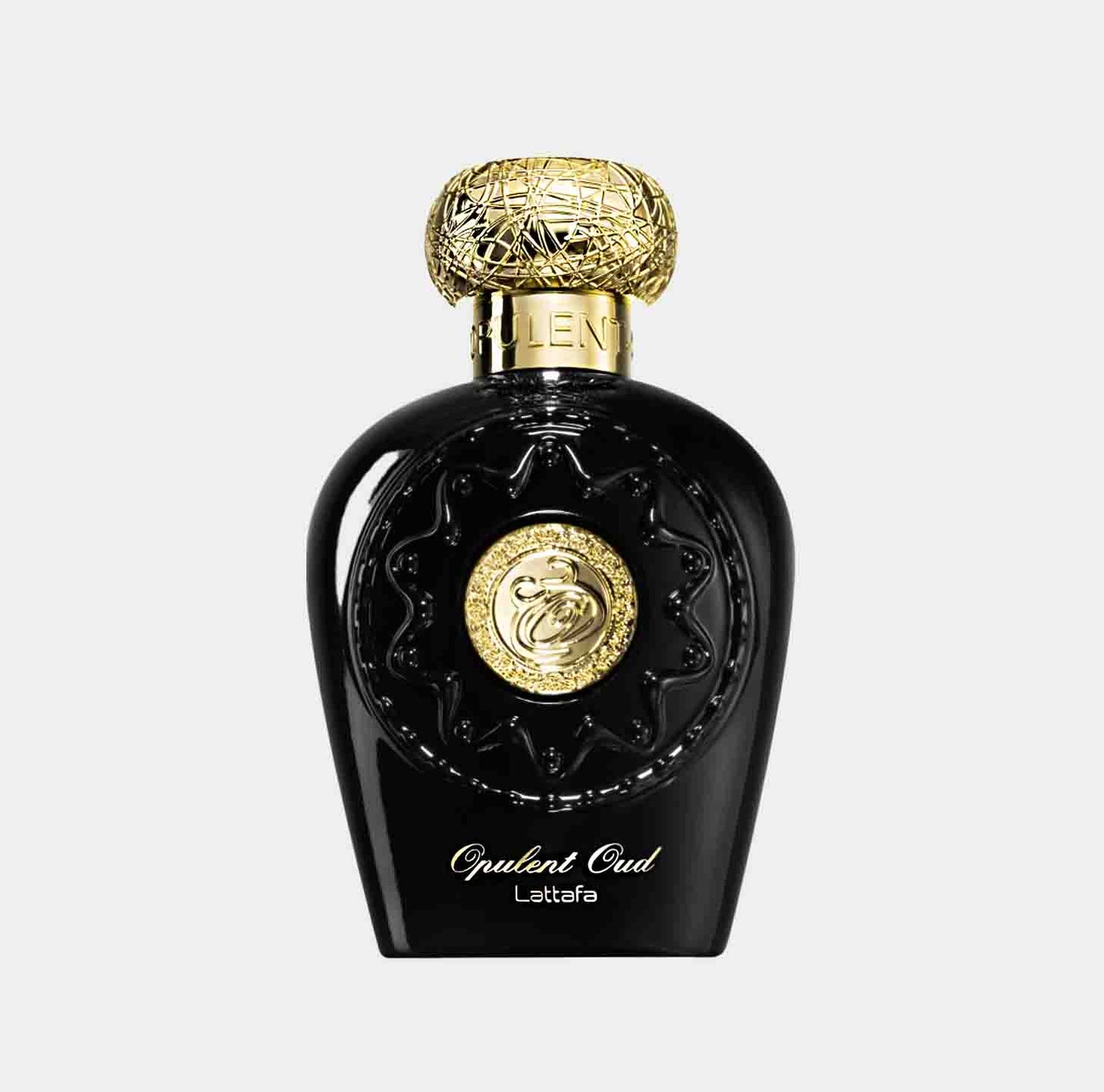 Lattafa Perfumes Opulent Oud Sample, een luxe zwarte parfumflacon met een gouden dop en elegante details.