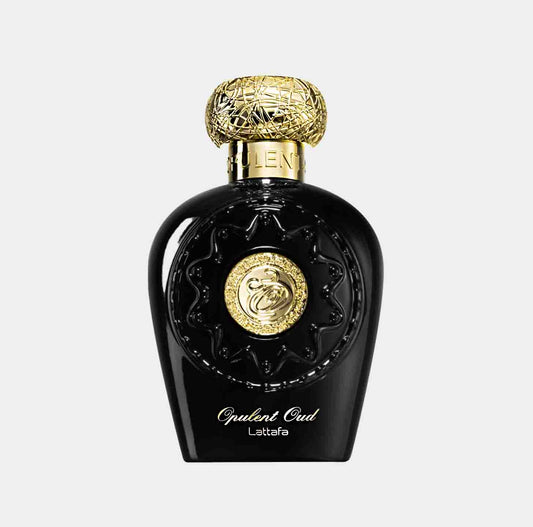 Lattafa Perfumes Opulent Oud Sample, een luxe zwarte parfumflacon met een gouden dop en elegante details.