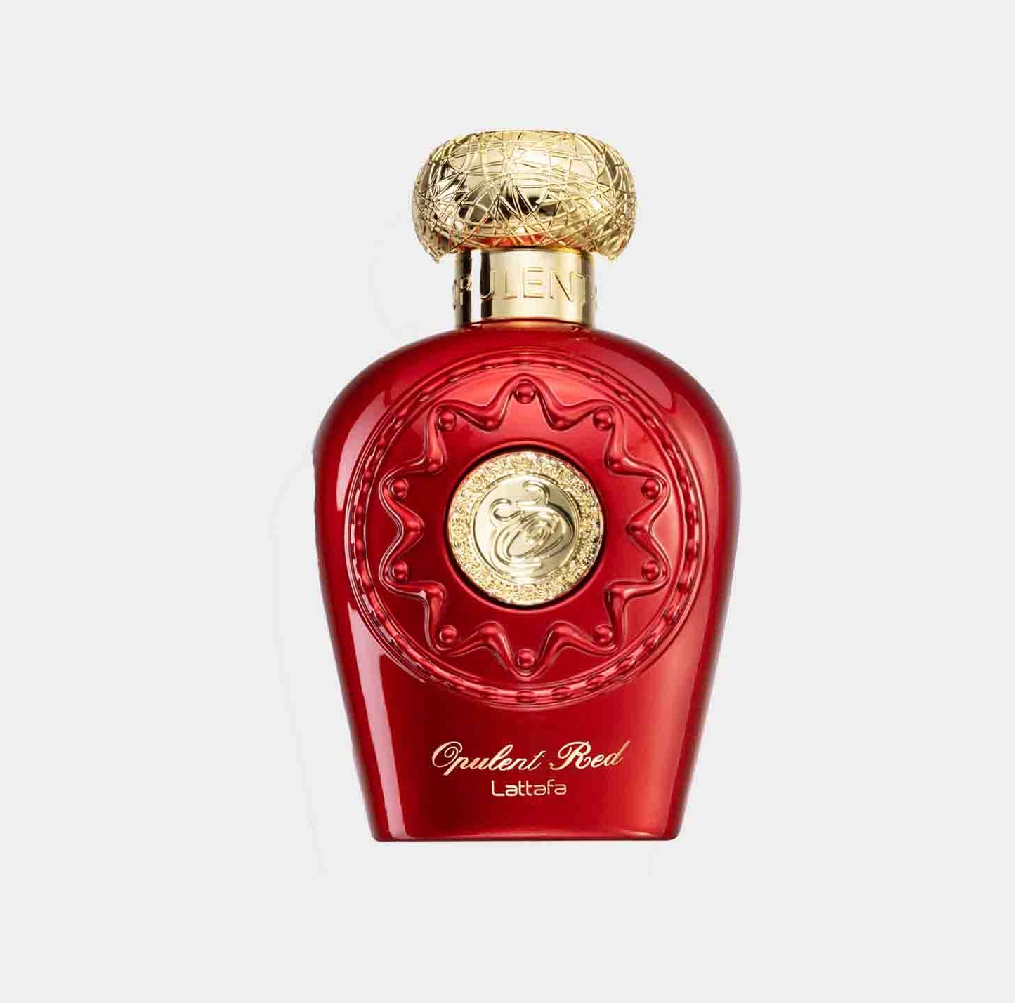Lattafa Perfumes Opulent Red Sample in a vibrant red bottle with a decorative gold cap, showcasing an elegant design.