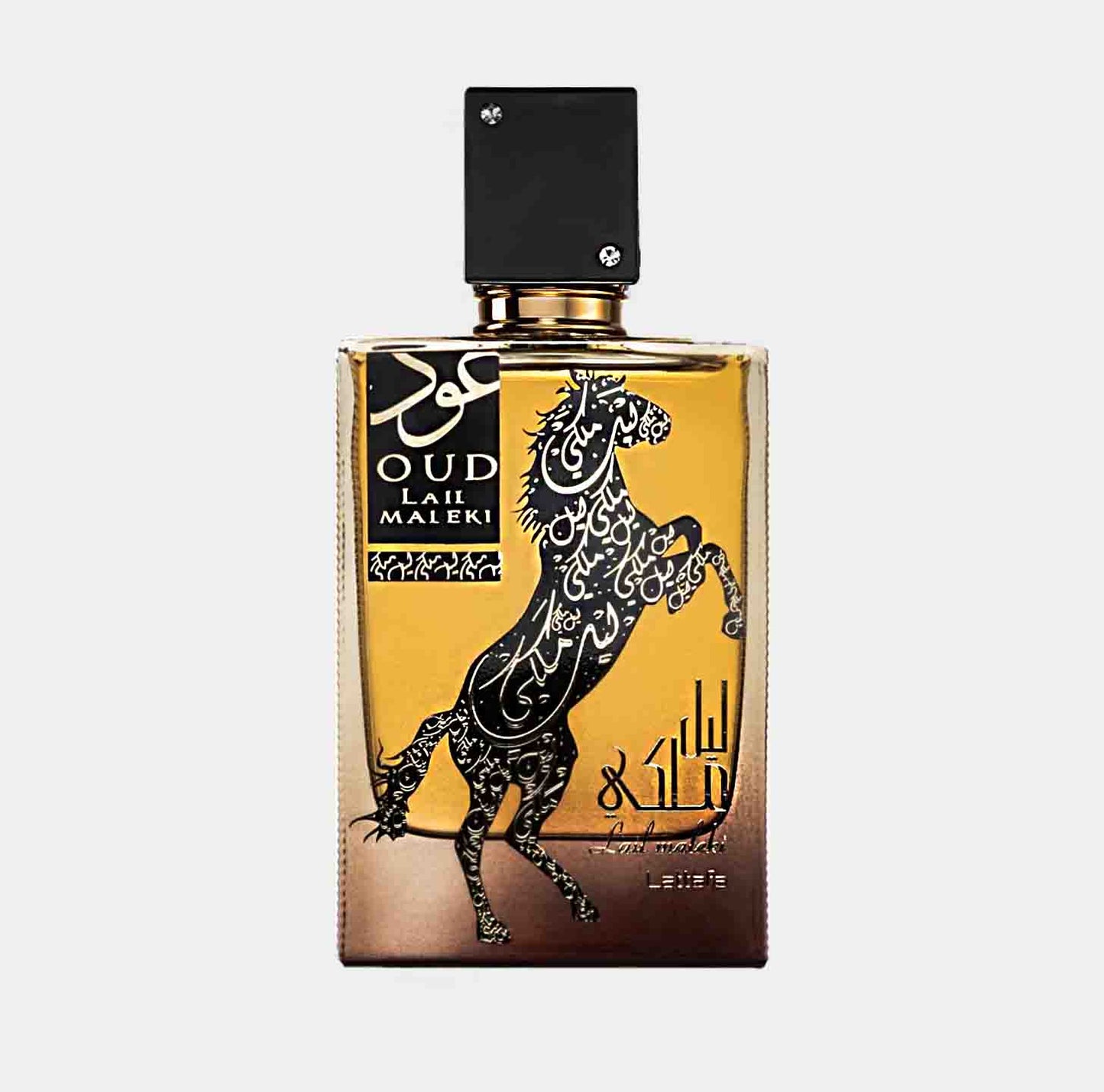 Lattafa Perfumes Oud Lail Maleki sample, een luxe geur in een opvallende fles met een paard in artistieke opmaak.