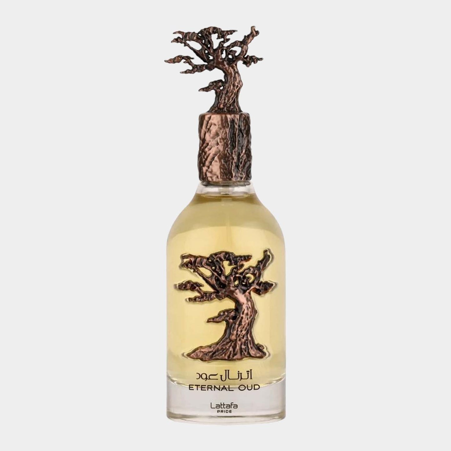 Lattafa Pride Eternal Oud Sample, een elegante parfumflacon met een unieke, kunstzinnige dop in de vorm van een boom, gevuld met een luxe gouden geur.
