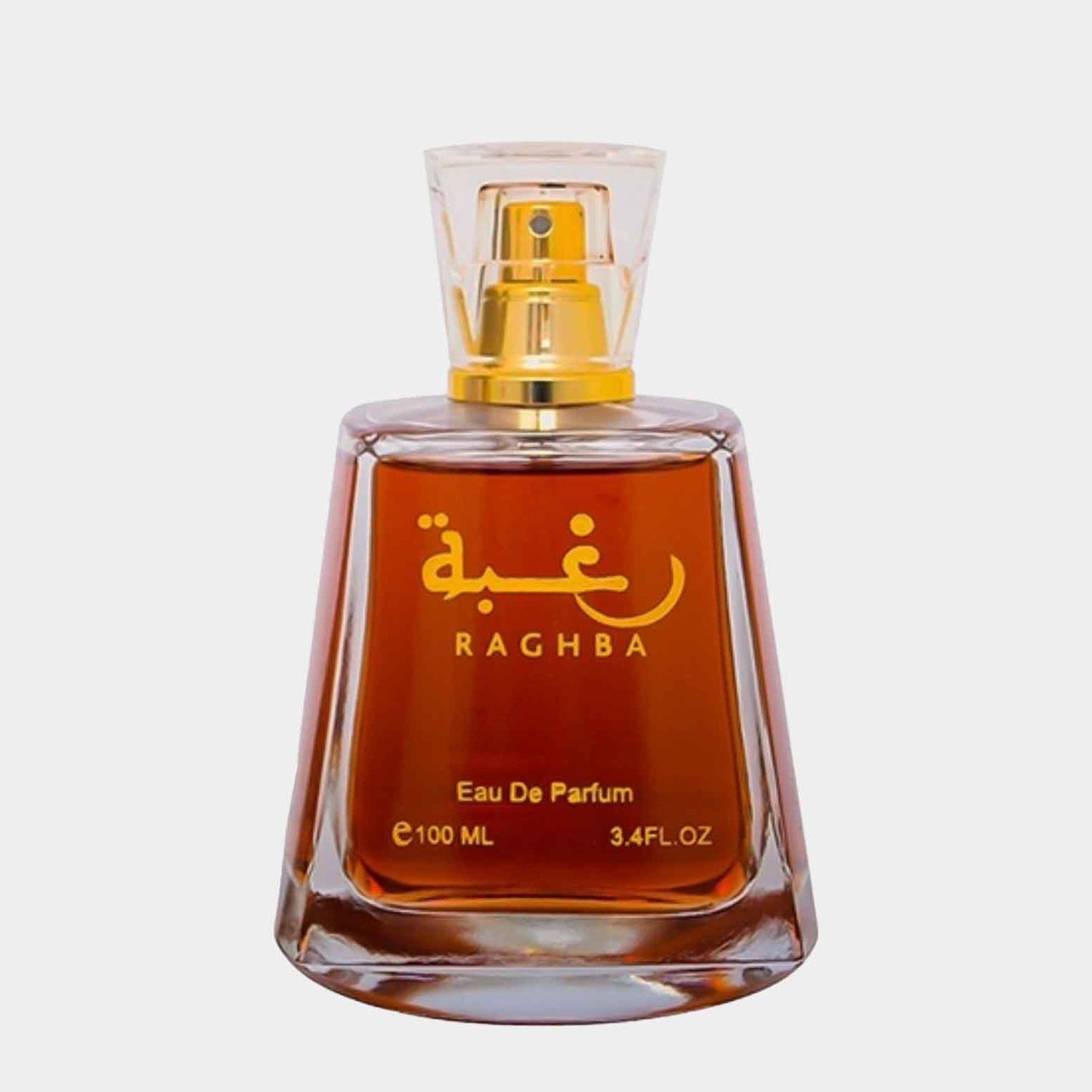 Een sample van Lattafa Perfumes Raghba EDP, gepresenteerd in een elegant glazen flesje met gouden accenten, dat 100 ml geur bevat. De geur staat bekend om zijn warme en houtachtige aromas.