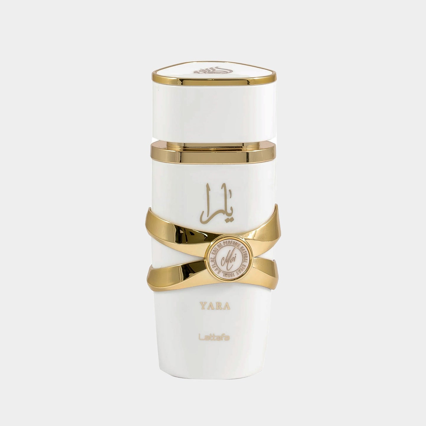 Lattafa Perfumes Yara Moi sample, verpakt in een elegante witte flacon met gouden details en een opvallend ontwerp.