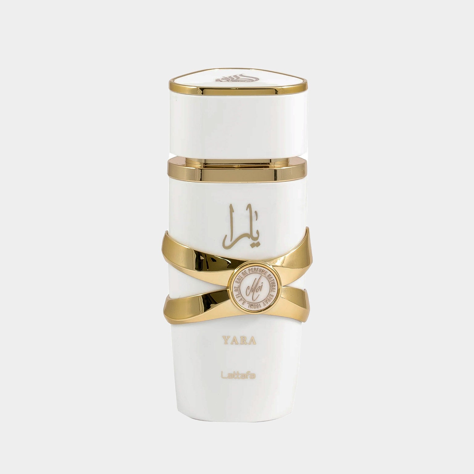Lattafa Perfumes Yara Moi sample, verpakt in een elegante witte flacon met gouden details en een opvallend ontwerp.