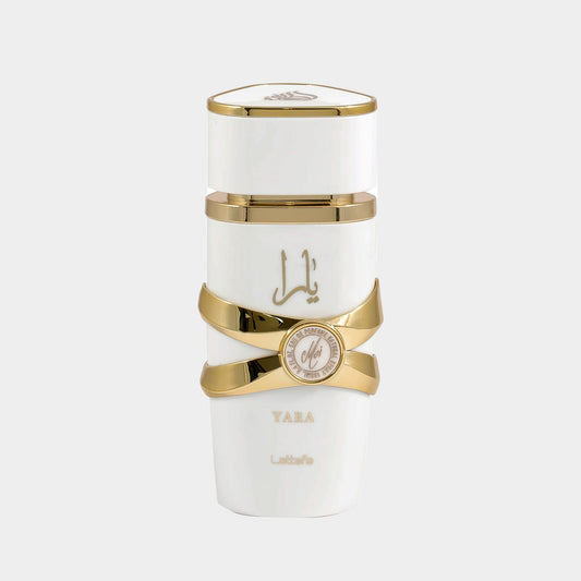 Lattafa Perfumes Yara Moi sample, verpakt in een elegante witte flacon met gouden details en een opvallend ontwerp.