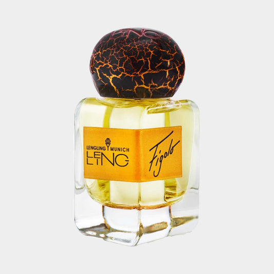 Lengling Figolo Sample is een elegante parfumfles met een unieke, diepgekleurde dop. De verpakking straalt luxe en verfijning uit.