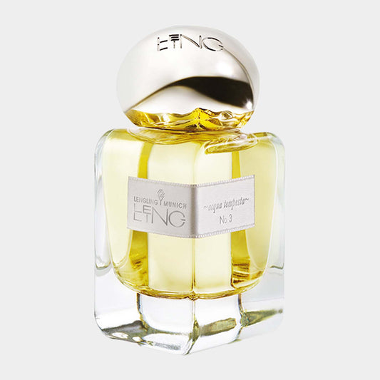 Lengling No. 3 - Acqua Tempesta Sample, een elegant parfum in een glazen fles met een gouden dop, dat frisse en verfijnde geurtonen belichaamt.