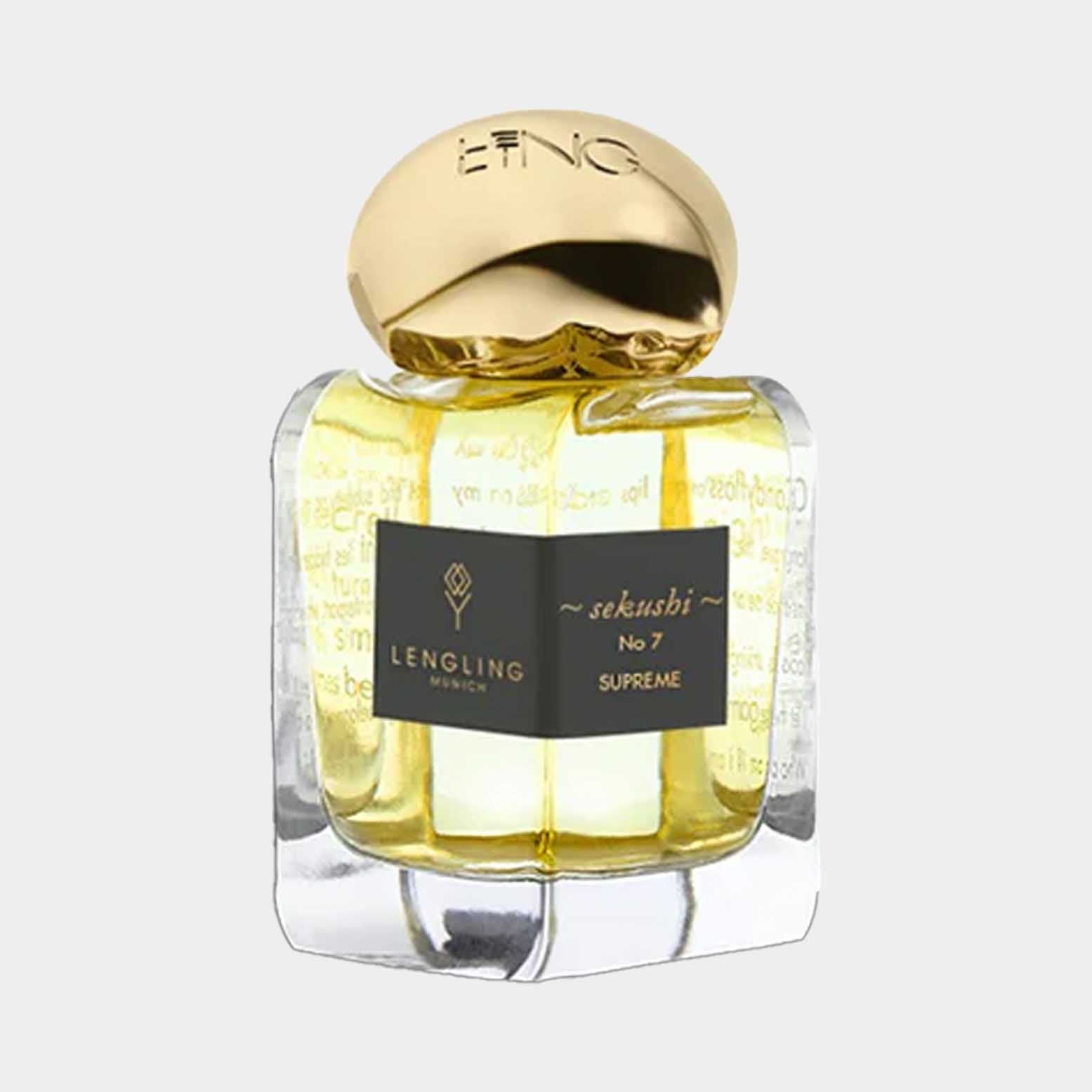 Lengling No. 7 - Sekushi Supreme Sample in een elegant, glazen flesje met een gouden dop, gevuld met een geurige, gouden vloeistof. Perfect voor liefhebbers van luxe parfums.