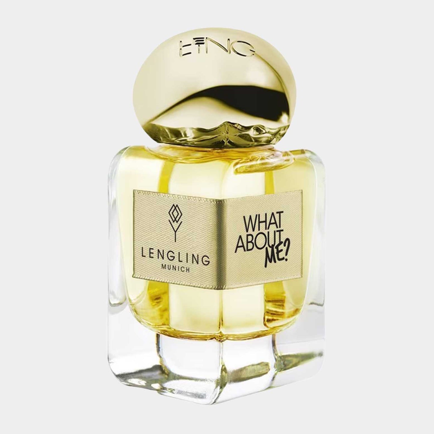 Lengling What About Me? Sample, een elegante geur in een glanzend glazen fles met een gouden dop, verpakt in verfijnde stijlen.