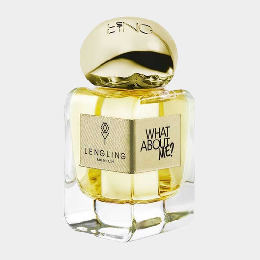 Lengling What About Me? Sample, een elegante geur in een glanzend glazen fles met een gouden dop, verpakt in verfijnde stijlen.