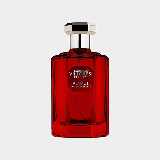 Lorenzo Villoresi Alamut EDT sample, verpakt in een elegante, rode flacon met een luxe dop. Deze geur vertegenwoordigt een unieke mix van verfijning en mysterie.