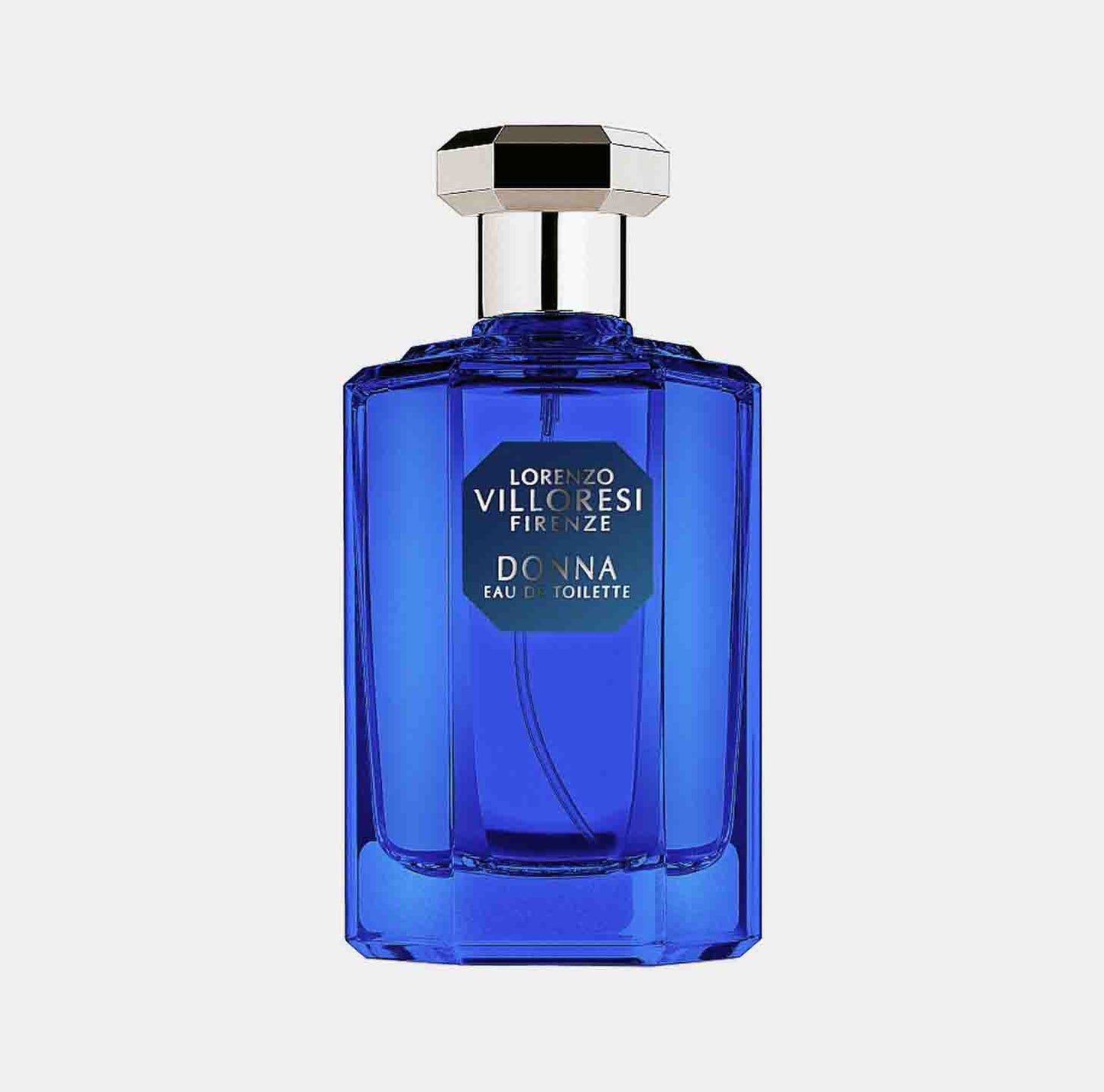 EenelƩgante blauwe parfumflacon van Lorenzo Villoresi Donna EDT, met een stijlvol ontwerp en een opvallend dop. Perfect voor een verfijnde touch.