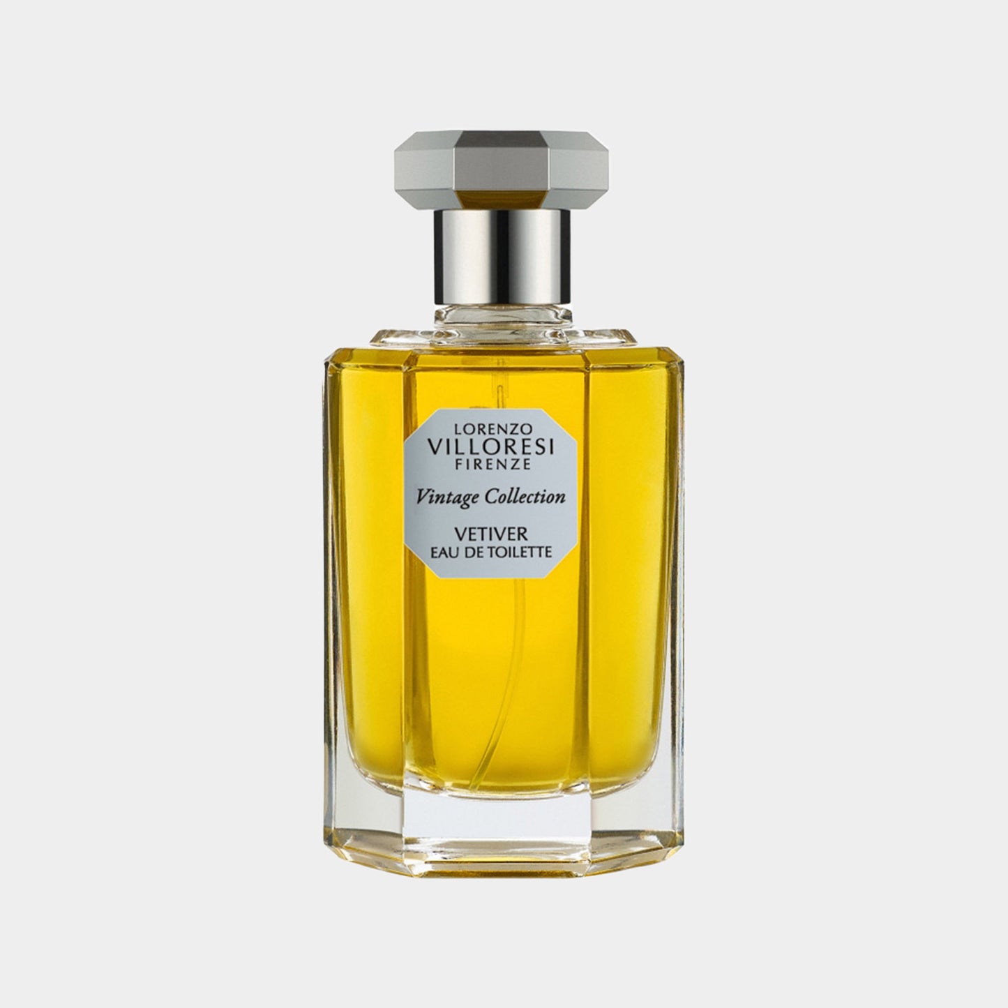 Fles van Lorenzo Villoresi Vetiver EDT, met een elegante, heldere glazen verpakking en een gouden vloeistof, onderdeel van de Vintage Collection.