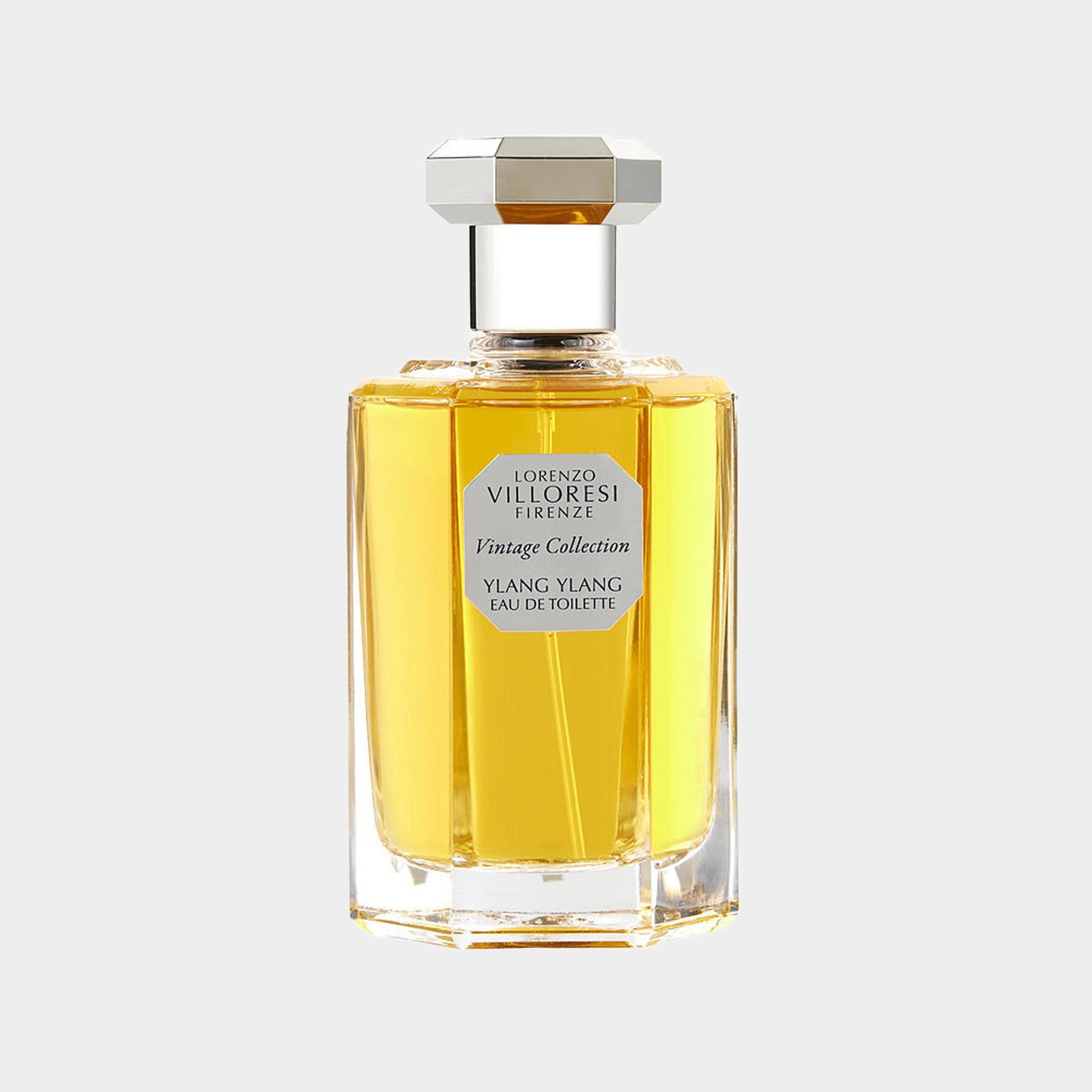 Lorenzo Villoresi Ylang Ylang EDT in een elegante glazen fles, gebotteld in een vintage stijl met een gouden vloeistof.