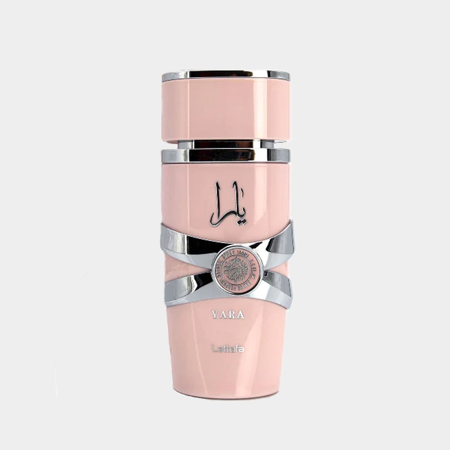 Volle fles Lattafa Perfumes Yara, met een elegante roze en zilveren uitstraling.