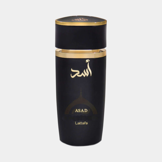 Lattafa Perfumes Asad vol flesje met een stijlvolle zwarte fles en gouden accenten, perfect voor luxe geurervaring.