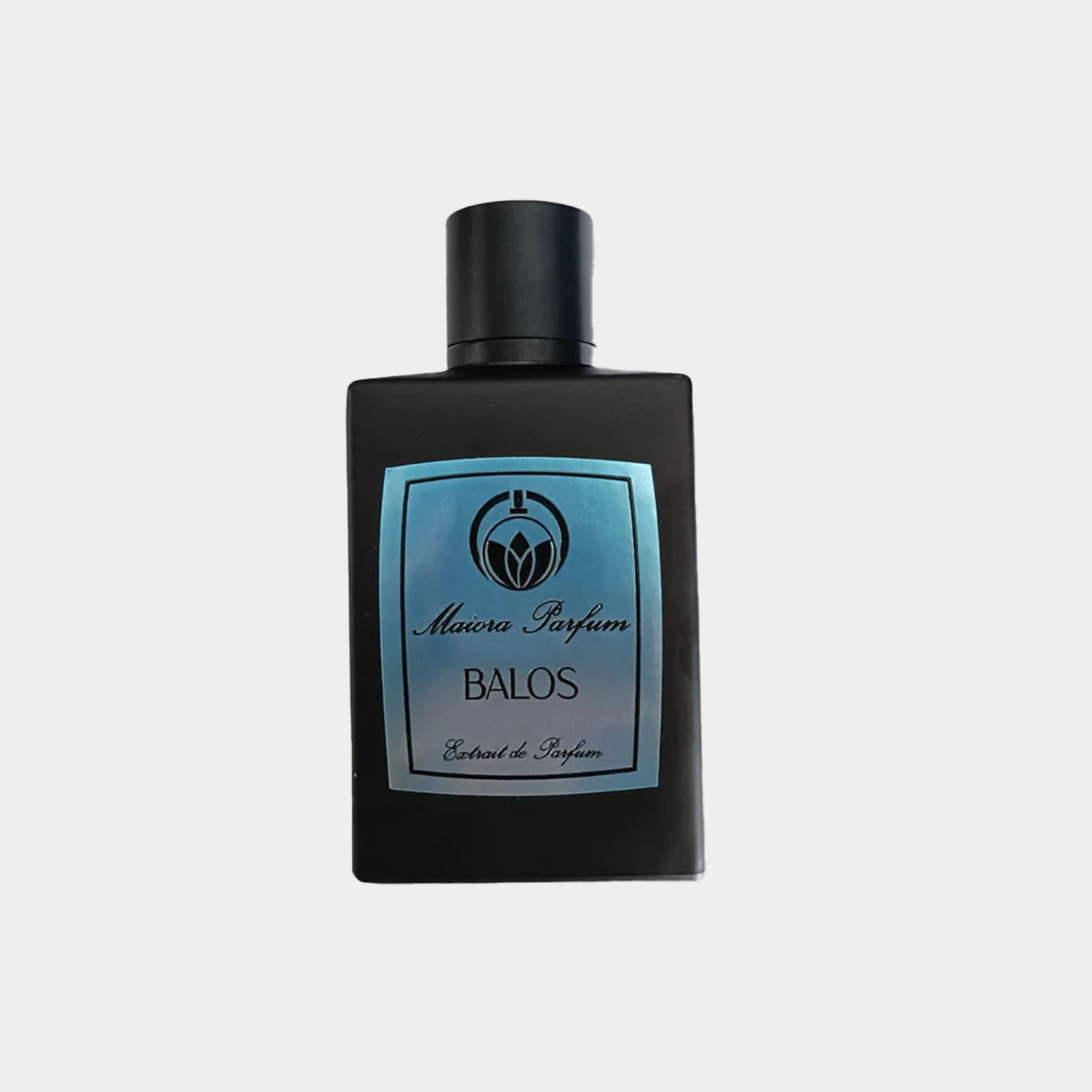 Maiora Balos Sample, een elegant parfum in een zwarte flacon met een blauwe label, perfect voor liefhebbers van verfijnde geuren.