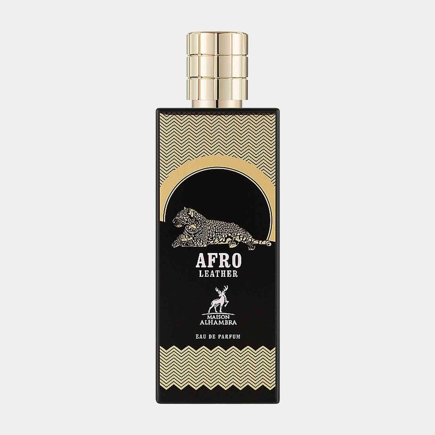 Maison Alhambra Afro Leather Sample, een elegante parfumfles met een gedetailleerd design en een luxe uitstraling, ideaal voor liefhebbers van onderscheidende geuren.