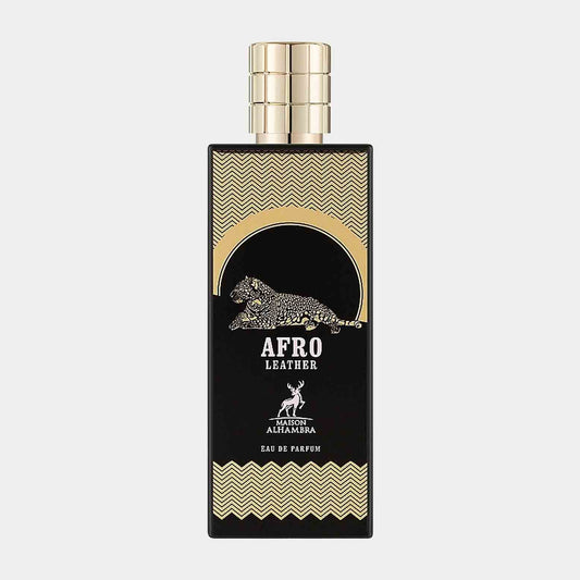 Maison Alhambra Afro Leather Sample, een elegante parfumfles met een gedetailleerd design en een luxe uitstraling, ideaal voor liefhebbers van onderscheidende geuren.