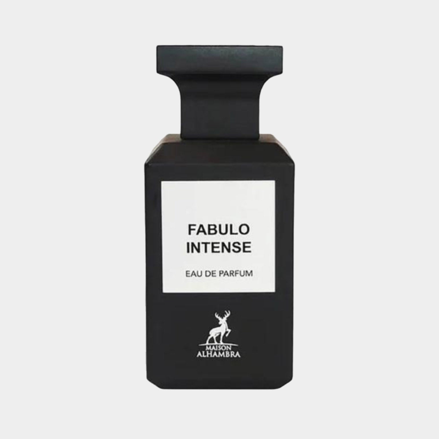 Sample van Maison Alhambra Fabulo Intense, een luxe eau de parfum in een elegante zwarte fles met een minimalistisch label.