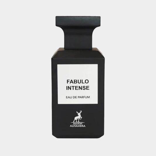 Sample van Maison Alhambra Fabulo Intense, een luxe eau de parfum in een elegante zwarte fles met een minimalistisch label.