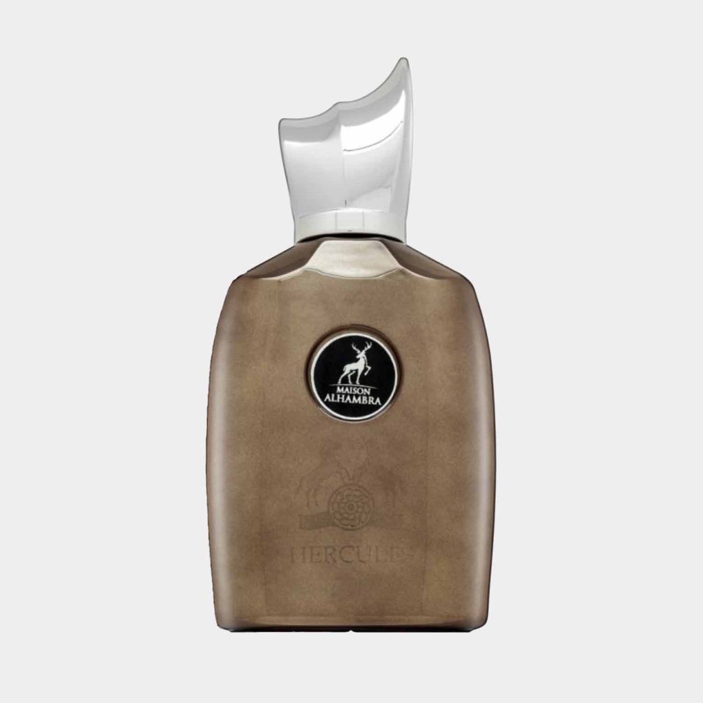 Alt-titel: Een flacon van de Maison Alhambra Hercules Sample, met een elegant ontwerp en een onderscheidend logo op de voorkant. De fles heeft een unieke, luxe uitstraling in een aardetint.