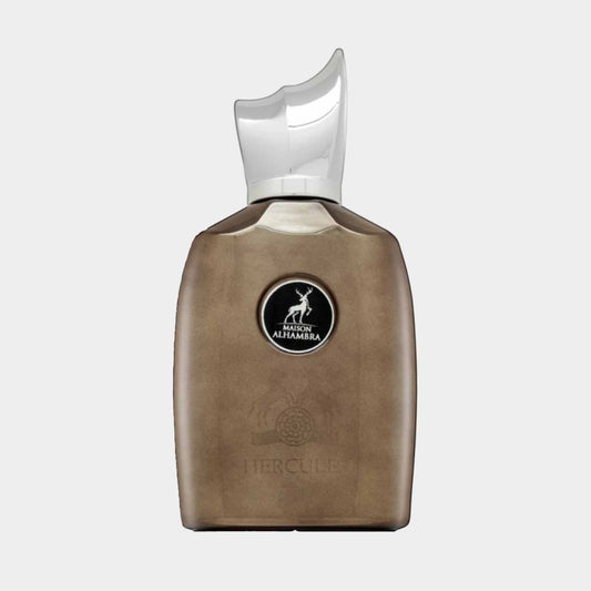 Alt-titel: Een flacon van de Maison Alhambra Hercules Sample, met een elegant ontwerp en een onderscheidend logo op de voorkant. De fles heeft een unieke, luxe uitstraling in een aardetint.