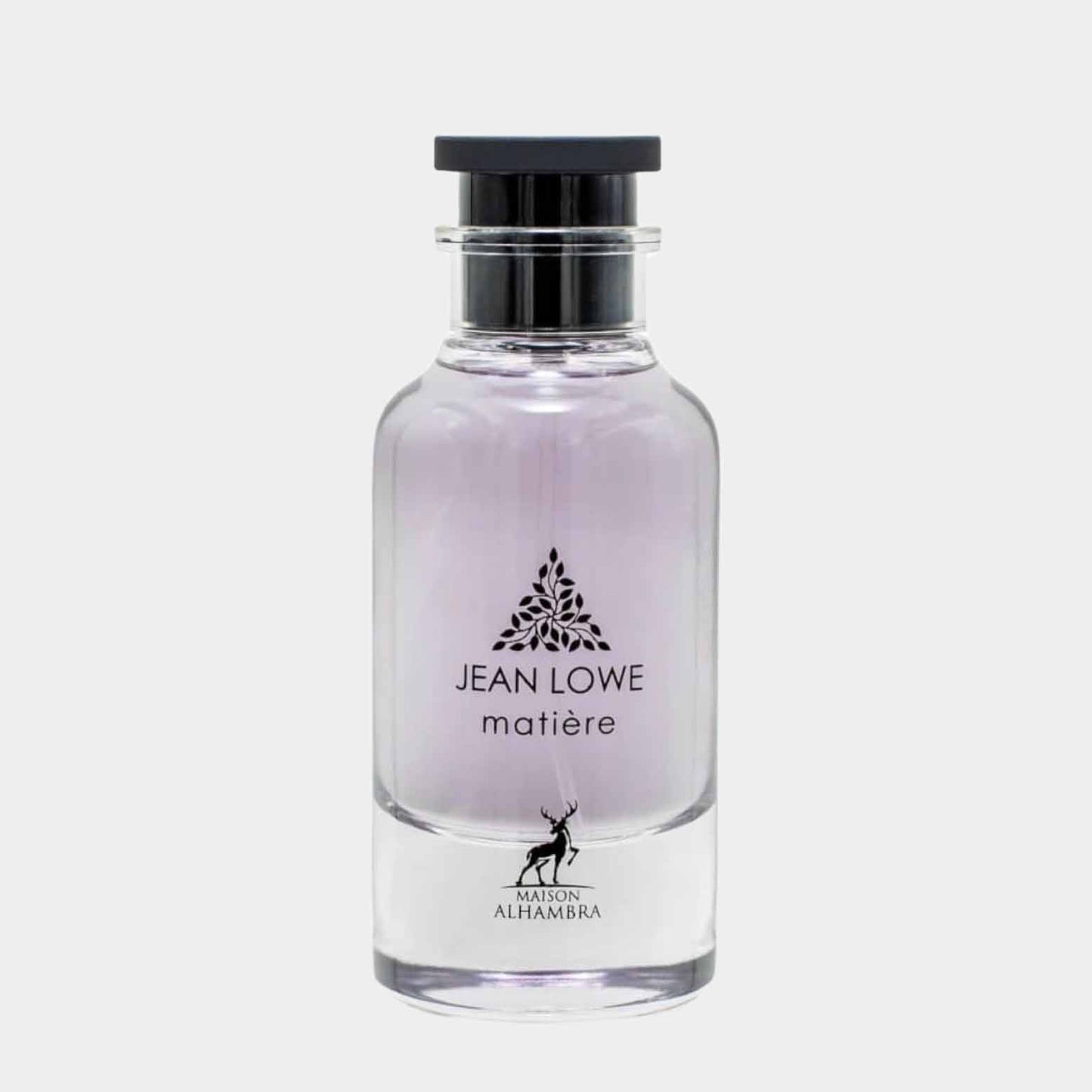 Een glazen parfumflacon van Maison Alhambra Jean Lowe Matiere Sample, met een elegante vorm en een lichtpaarse vloeistof, voorzien van stijlvolle branding op de voorkant.