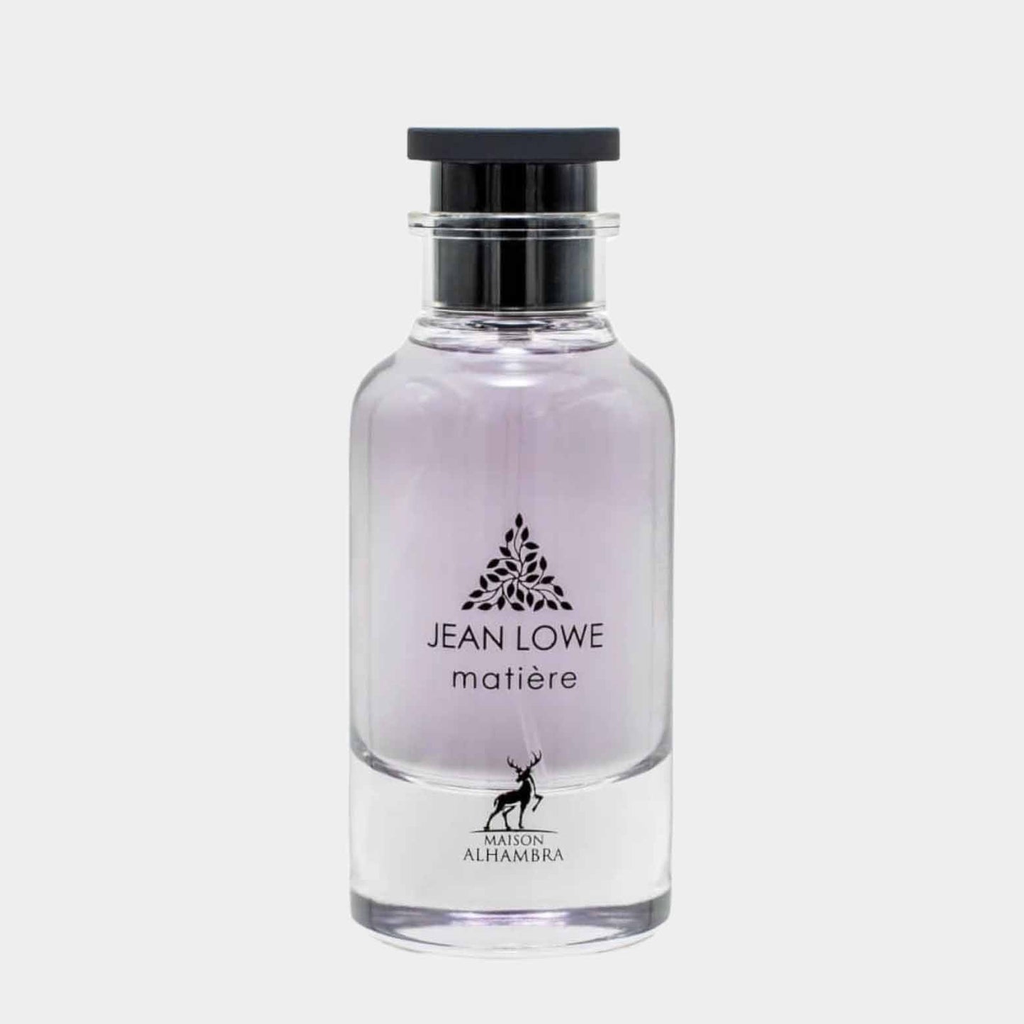 Maison Alhambra Jean Lowe Matiere vol fles, met een elegant design in transparante glazen verpakking en een zwarte dop.