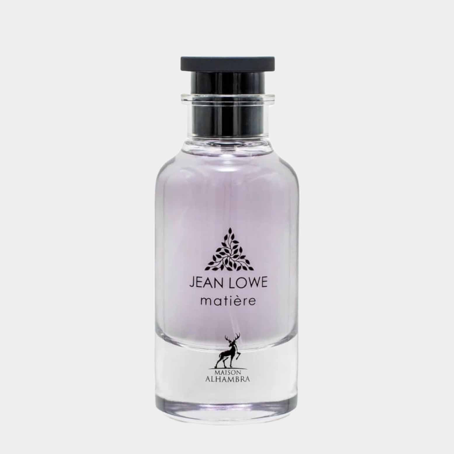 Maison Alhambra Jean Lowe Matiere vol fles, met een elegant design in transparante glazen verpakking en een zwarte dop.