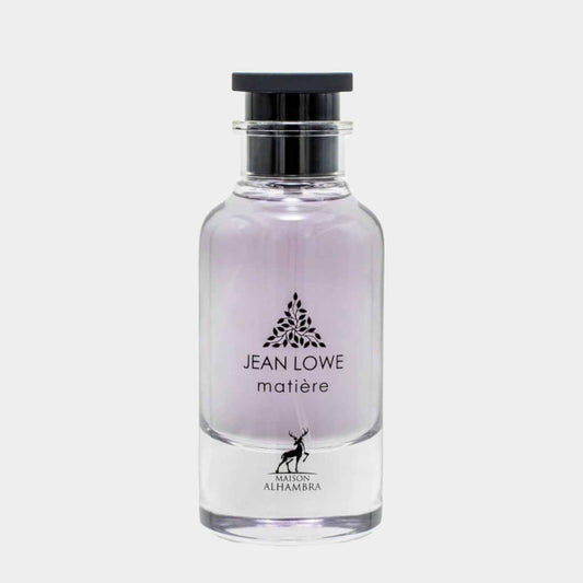 Maison Alhambra Jean Lowe Matiere vol fles, met een elegant design in transparante glazen verpakking en een zwarte dop.