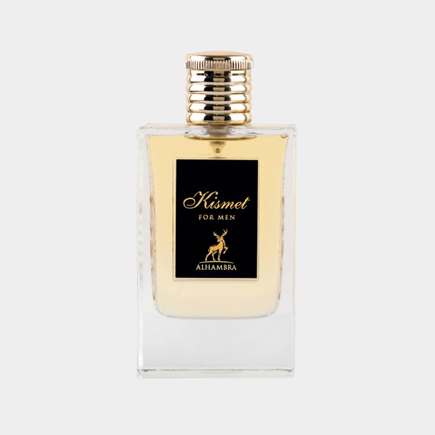 Één volle flacon van Maison Alhambra Kismet For Men, herkenbaar aan het elegante ontwerp met een gouden dop en een zwarte label met de naam. Het parfum heeft een verfijnde uitstraling en is speciaal voor mannen.