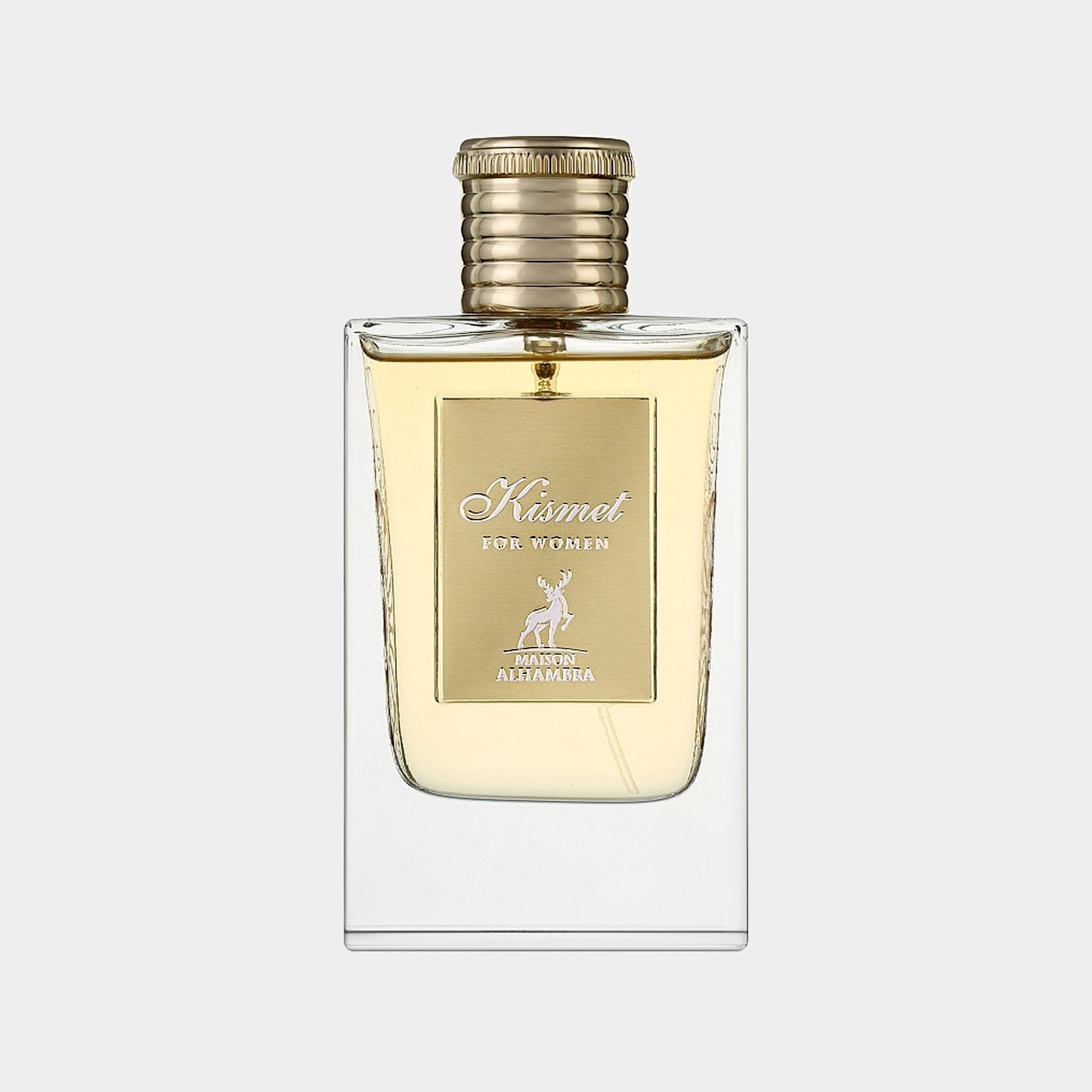 Maison Alhambra Kismet For Women sampleflacon met een elegante, transparante vorm en een gouden dop, gevuld met een lichte geur.