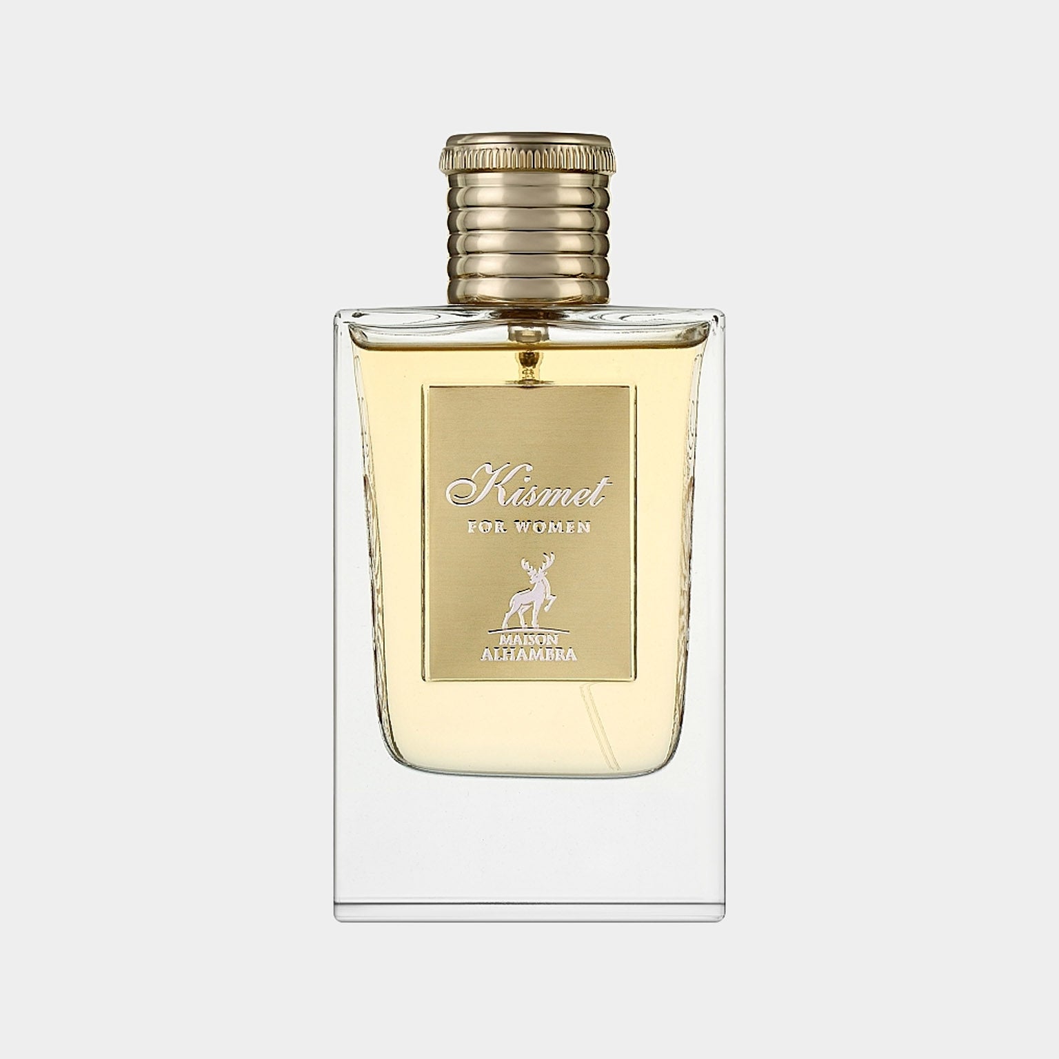 Maison Alhambra Kismet For Women sampleflacon met een elegante, transparante vorm en een gouden dop, gevuld met een lichte geur.