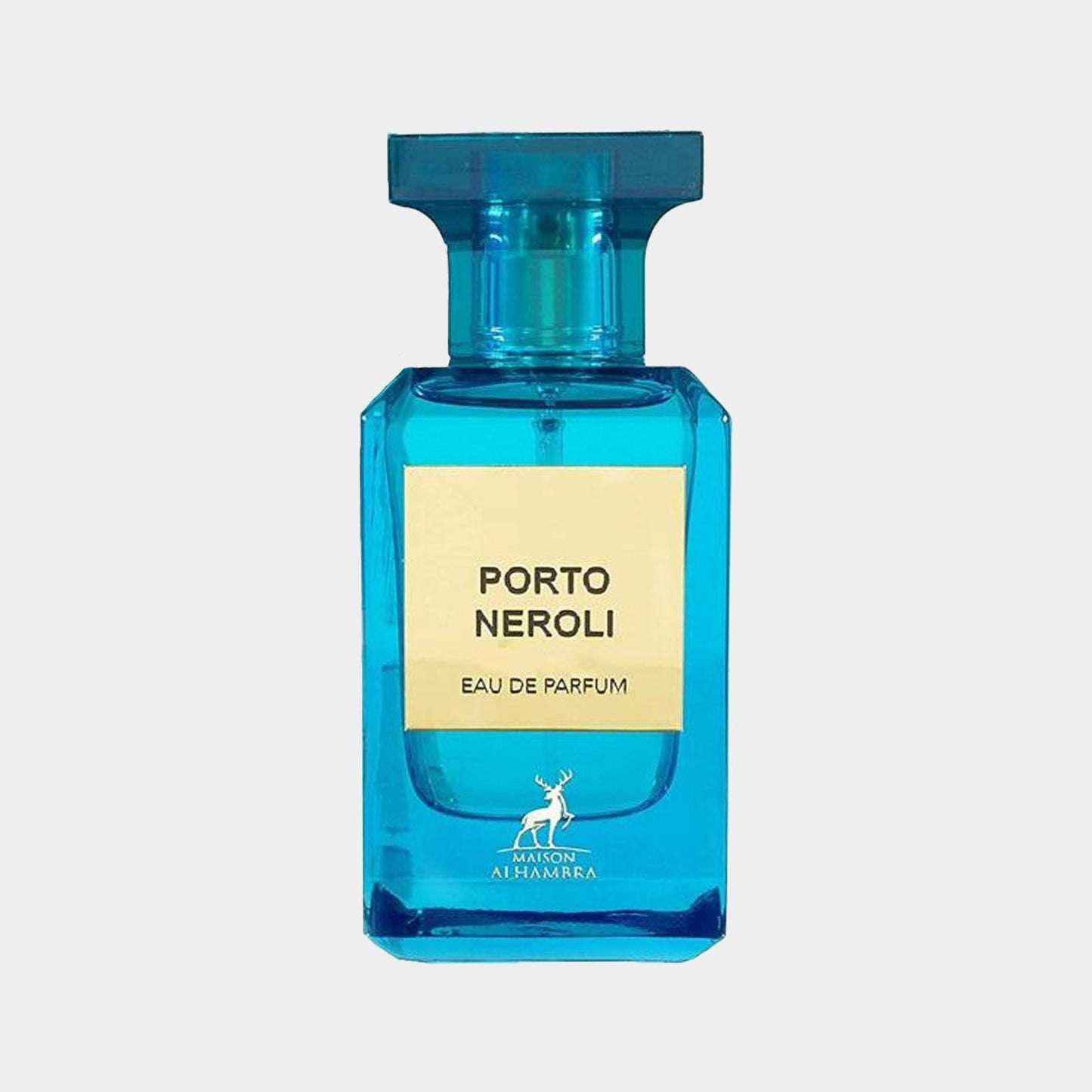 Een full bottle van Maison Alhambra Porto Neroli, met een helderblauwe fles en een eenvoudige etikettering. Dit parfum is ontworpen voor een frisse en fruitige geurervaring.