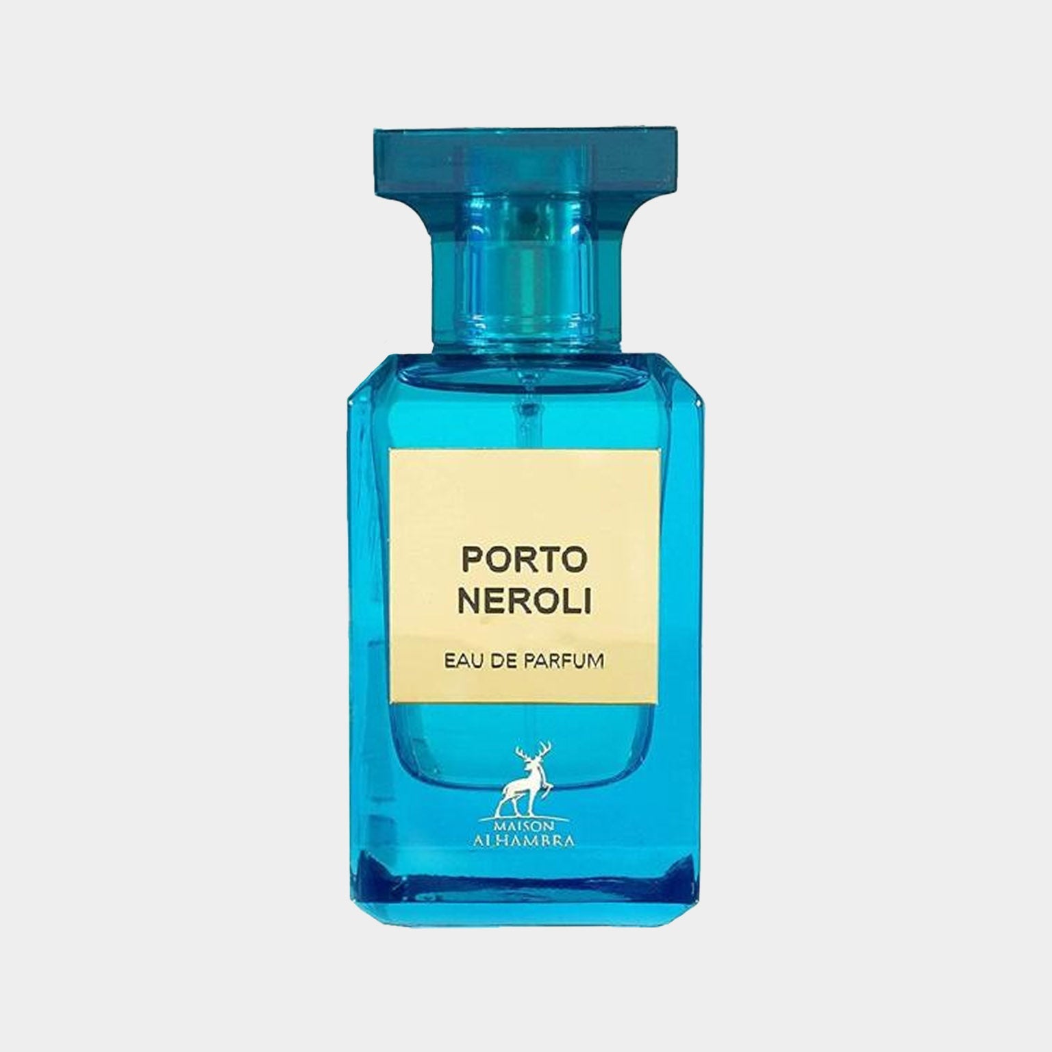 Een full bottle van Maison Alhambra Porto Neroli, met een helderblauwe fles en een eenvoudige etikettering. Dit parfum is ontworpen voor een frisse en fruitige geurervaring.