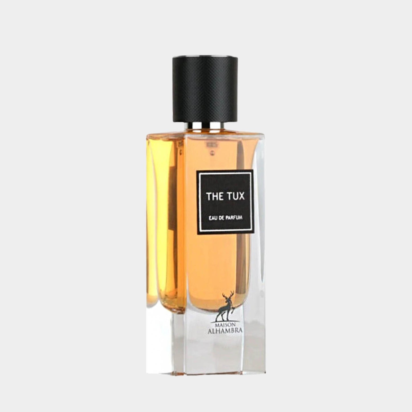 Maison Alhambra The Tux volle fles, een elegante parfumflacon met een strakke, moderne uitstraling en een amberkleurige vloeistof.