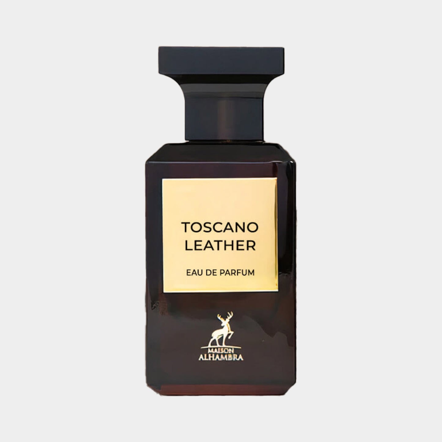 Maison Alhambra Toscano Leather Sample, een elegante parfumflacon met een minimalistisch ontwerp en een label dat Toscano Leather Eau de Parfum vermeldt.